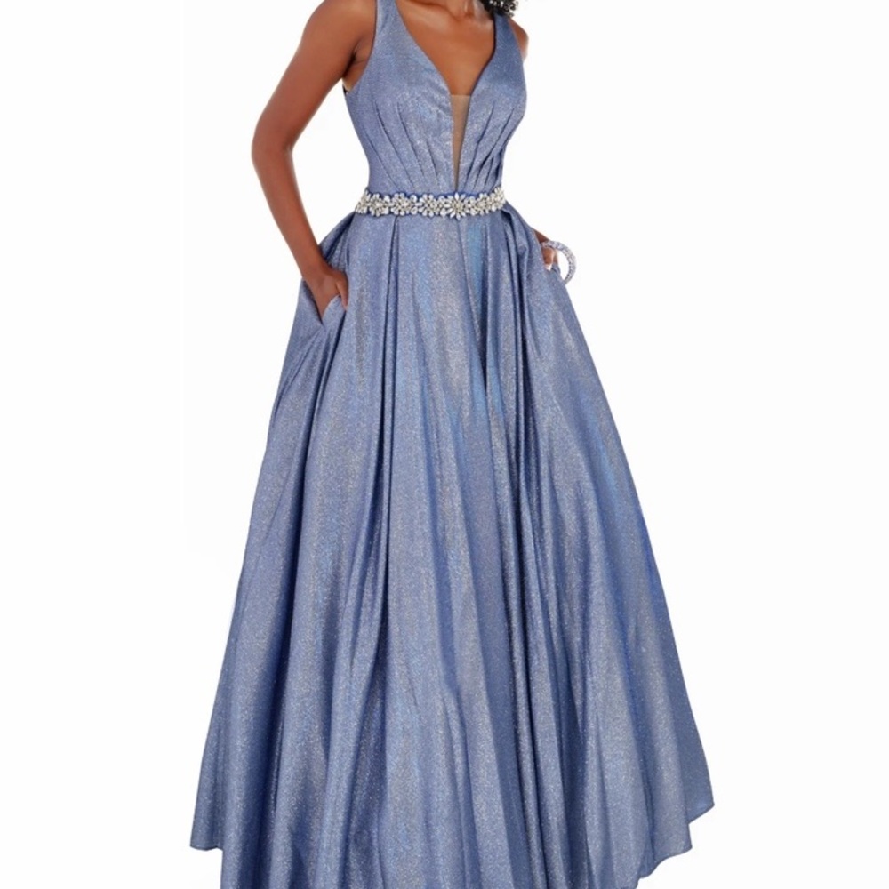 Plunging Neckline beaded waist Glitter Metallic Ball Gown